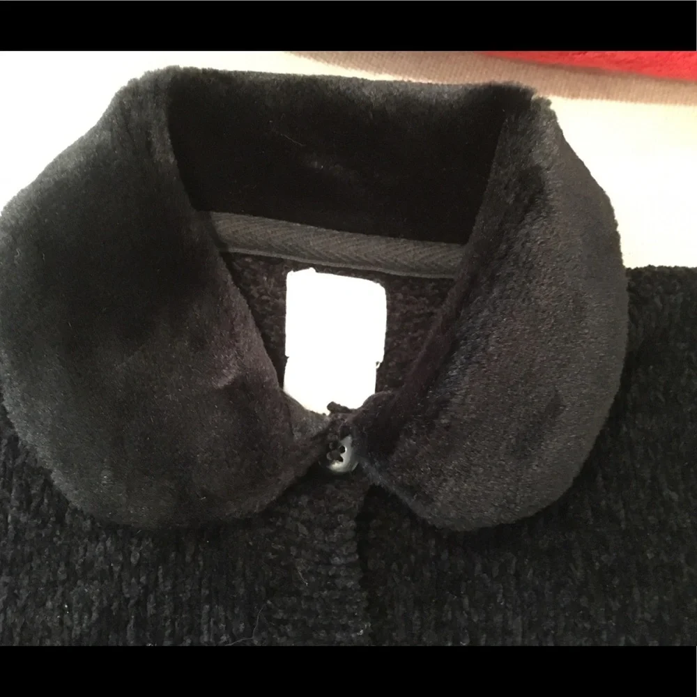 Vintage babyGAP Black Chenille Cardigan Sweater w/Faux Fur Collar, sz 2xl/3xl